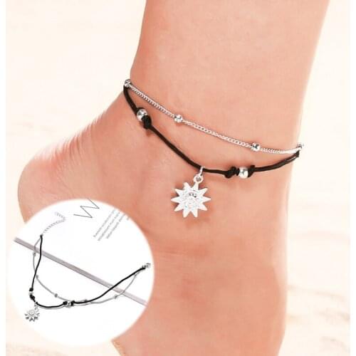 Women Fashion Beach Ankle Bracelet Vintage Anklets Double Layer Anklets Sun Pendent Anklet Summer Foot Jewelry Accessories
