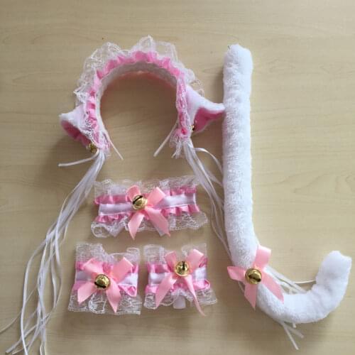 Women Lace Cat Ear Maid Cosplay Neko Costume Plush Lace Ears Headbands Bow Tie Tail With Bell Lolita Costume