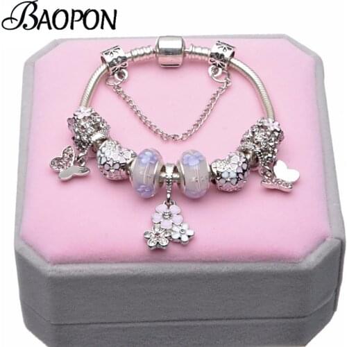 BAOPON European Style Vintage Silver plated Crystal Charm Bracelet Women fit Original DIY Fine Bracelet Jewelry Gift