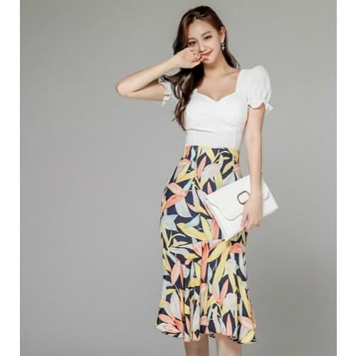 S-XL Plus Size Dresses for Women Contrast Print Flower Puff Sleeve Dress Ladies Korean Style Wrap Midi Woman Summer Dress Casual