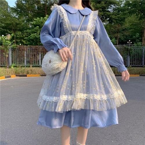 Bella Philosophy Wonder 2021 Lolita Dress Women 2 Piece Set Sweet Cute Soft Girl Blue Big Swing Dress Kawaii Girly Lolita Dress