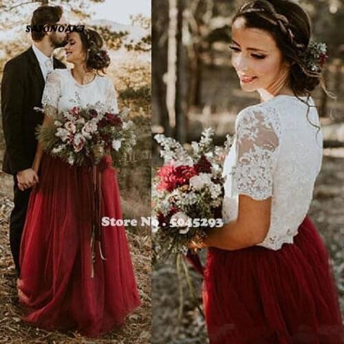 2021 Vintage Country Wedding Dress Two Pieces White Lace Top Dark Burgundy Tulle Skirt Floor Length Bridal Gown Vestido De Novia