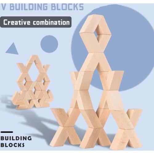 16pcs Wooden Building Blocks Toys For Kids Montessori V Shape Natural Large 3d Stacking Block Baby Educational Children Toy Gift