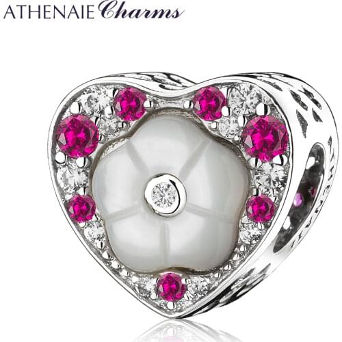 ATHENAIE Authentic 925 Sterling Silver Multi-Colored CZ Heart Shape Flower Rose Red Charms Beads fit Bracelet Valentine Day