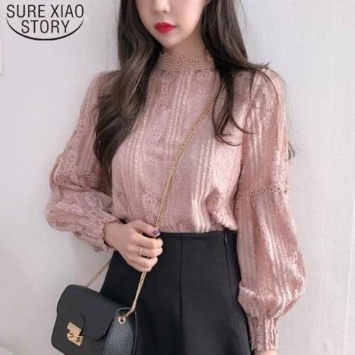Blusas Mujer De Moda 2021 Ladies Long Sleeve Lace Blouse Shirts Women Tops Spliced Solid Stand Vintage Pink Clothes 6899 50
