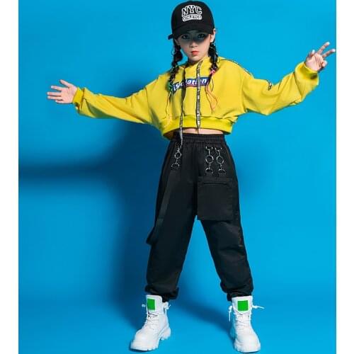 Kids Hip Hop Dancing Clothes For Girls Yellow Crop Hoodie Tactical Cargo Pants Street Dance Jazz Costumes Clothing Stage Outfits