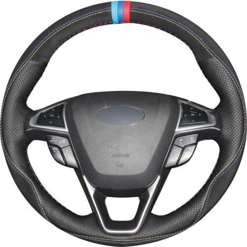 DIY Customize Braiding Black Natural Leather Black Suede Light Blue Blue Red Marker Car Steering Wheel Cover For Ford Fusion Mon
