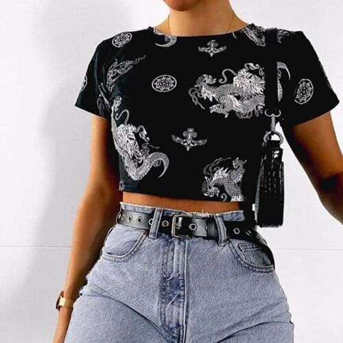 Random Dragon Printed Short Sleeve T-Shirt Summer Chic Trendy Round Neck Crop Top Daily Wild Slim Fitting Vintage Shirt