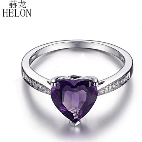 HELON Heart Shape 8x8mm Amethyst Engagement Ring Solid 14K White Gold AU585 Pave Natural Diamond Wedding Women Fine Jewelry Ring