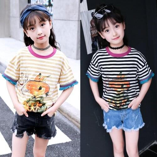 2019 Summer Fashion Casual O-Neck Short Sleeve Striped Hole T Shirts Cartoon Tees Tops for 6-10T Big Girls