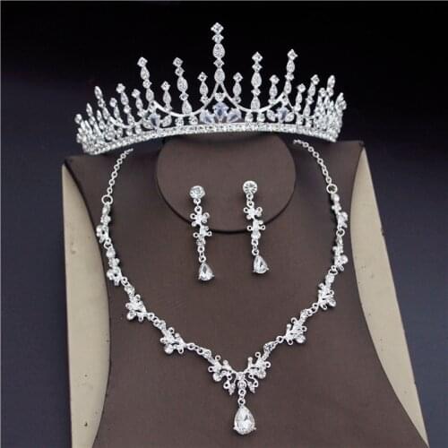 Baroque Silver Rhinestone Bridal Jewelry Sets for Women Luxury Party Prom Bride Tiara Crown Necklace Earrings Wedding Set