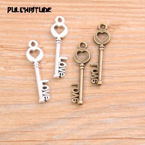 20pcs 9*30mm 2020 New Two Color Love Key Charms Heart Pendants Handmade Decoration Vintage For DIY Jewelry Making