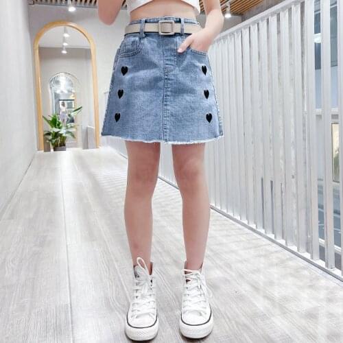 2021 New Summer Children Fashion Skirt Girl Embroidered Denim Skirt Kids Love Pattern A-line Skirt 5 6 7 8 9 10 11 12 13 14 Year