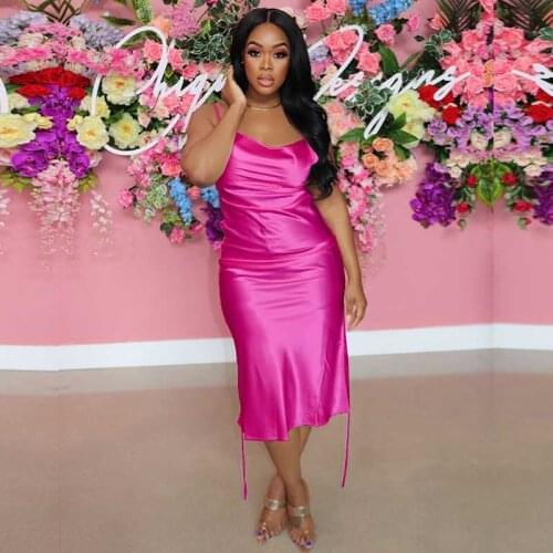 Summer Satin Midi Dress Women Fashion Solid Strap Side Draw String Stretchy Dresses For Women 2021 Sexy Night Club Dress Outfits