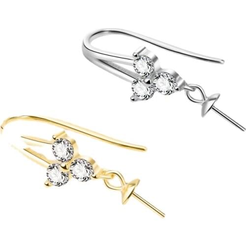 Real S925 Sterling Silver Pearl Earring Accessories DIY Cubic Zirconia Hook Accessories Empty Hold Pearl Making Jewelry Findings