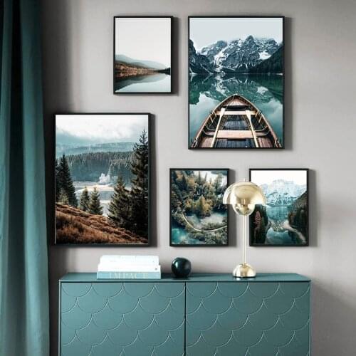 Scandinavian Nature Landscape Wall Art Poster Mountain Lake Boat Print Nordic Painting Decorative Picture Modern Home Decoration