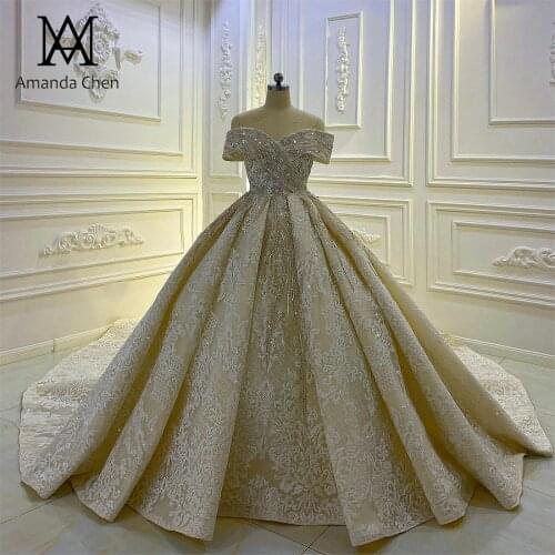 Good Pirce Off Shoulder Crystal Beading Ball Gown Long Train Wedding dress