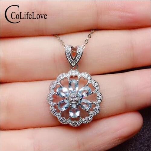 Colife Jewelry Natural Aquamarine Pendant for Wedding 6pcs Natural Aquamarine Silver Pendant Solid 925 Silver Aquamarine Jewelry