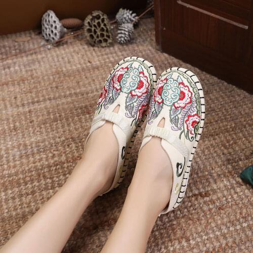 YourSeason Summer Ladies Soft Canvas Embroidered Round Toe Mules Shoes Comfort Espadrilles Casual Flat Slippers Women Slides