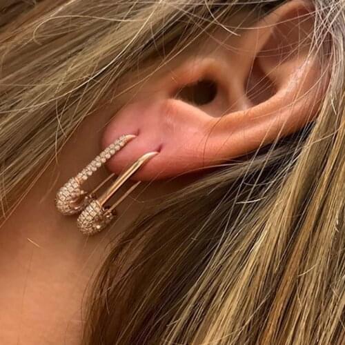 Punk Pin Safety Earrings For Women Cubic Zirconia Paperclip Sparking Bling Unique Earring Accessories Jewelry Gift Bijoux BFF