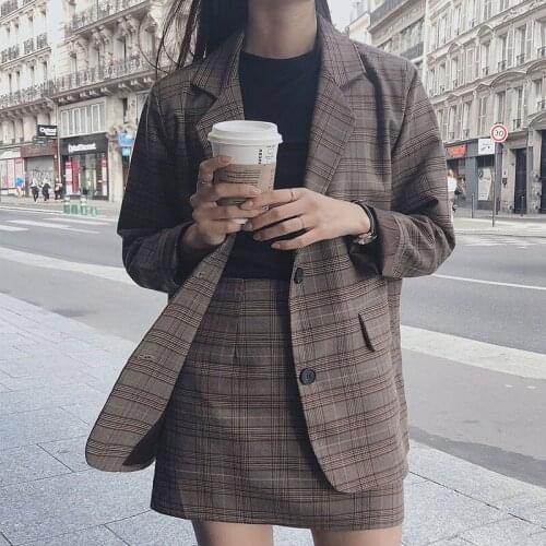 Plaid Print Two Piece Blazer Skirt Sets Vintage Autumn Jacket Women Korean Style Terno Feminino Vetement Femme Ropa Casual Mujer