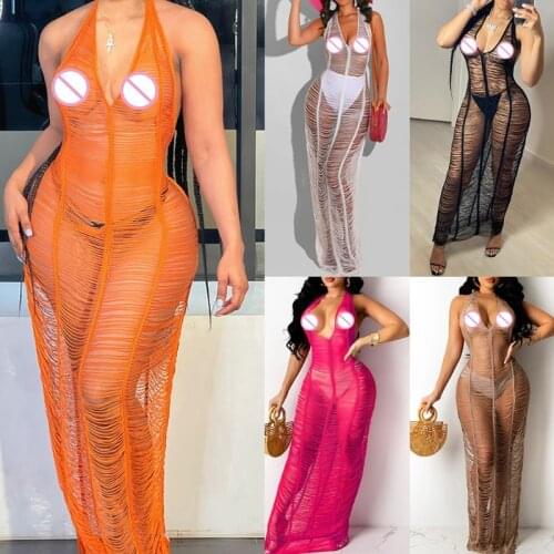 649D Women Sexy See Through Dress Halter Lace-up Deep V Neck Perspective Hollow Out Backless Dress Swimwear Coverup
