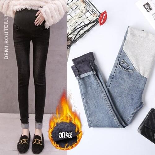 Pregnant women plus velvet jeans winter pregnant womens feet pants thickened warmth fashion jeans stretch