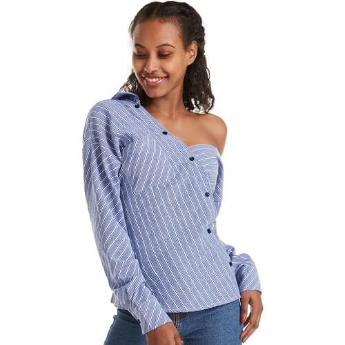 Women Fashion Long Sleeve Turn Down Collar Stripes Office Shirt Cotton Blouse