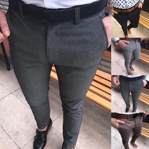 Men Solid Color Mid Waist Pockets Cotton Elastic Pencil Pants Long Trousers Solid Color Button Closure with Pockets Elastic