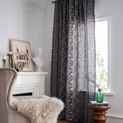 Bohemian style black geometric printing curtain finished kitchen curtain bay window curtain