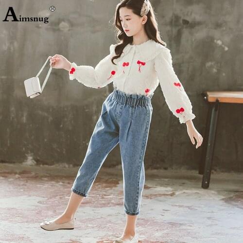 Children Girls Two Pieces Sets Open Stitch Blouse and Demin Pants Autumn Fashion Cherry Print Tracksuit Sets Kids Clothing 2021