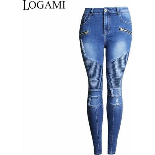 LOGAMI Elasitc Skinny Jeans Woman Zipper Pleated Women Denim Pants Trousers Jeans Femme