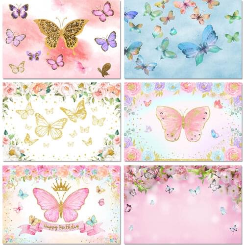 Spring Butterfly Theme Girl Birthday Cake Smash Photography Backdrop Shiny Gold Flower Decor Photo Props Studio Booth Background