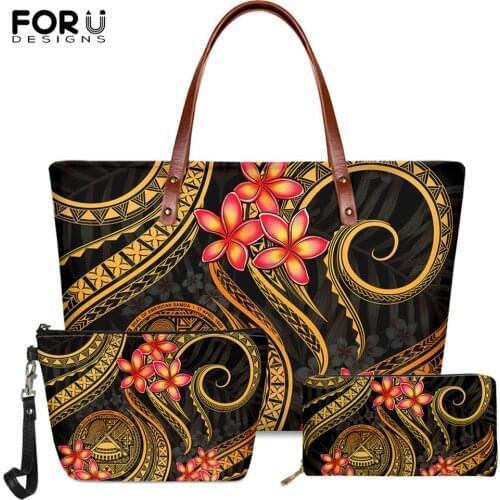 FORUDESIGNS Polynesian Tribal Flowers Pattern Brand Design 3set Large Capacity Female Shoulder Bag Fashion Ladies Long PU Purse