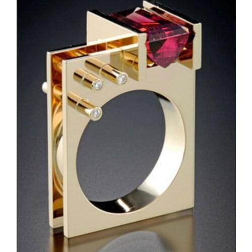 Milangirl Modern Building Ring Gear Cute Red Crystal Zircon Yellow Rings for Women Engagement Wedding Men Ring