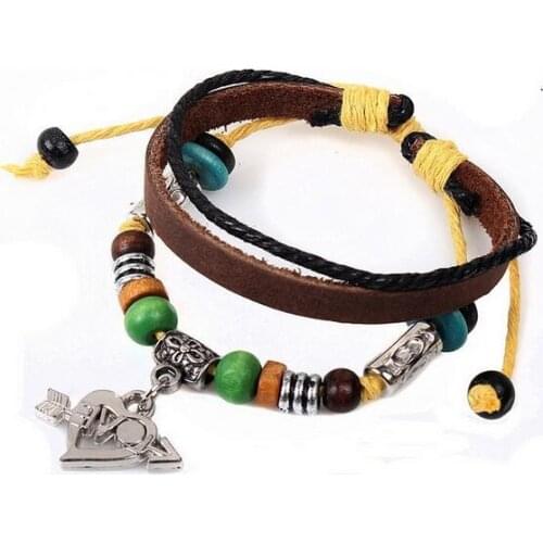 Fashion Woman Heart Arrow Charms Beads Leather Bracelet Wrap Alloy Vintage Flower Carved Retro Hippie Wristbands Bangle Jewelry