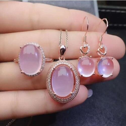 Real Natural Rose Quartz jewelry set Natural Real Rose Quartz 925 sterling silver 1pc pendant,1pc ring,2pcs Earring