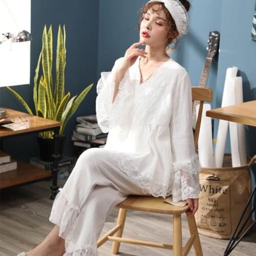 Pajamas White Spring And Autumn New Cotton Gauze Womens Palace Style Пижама Set Cute Hanfu Large Size Home Service Sleepwear
