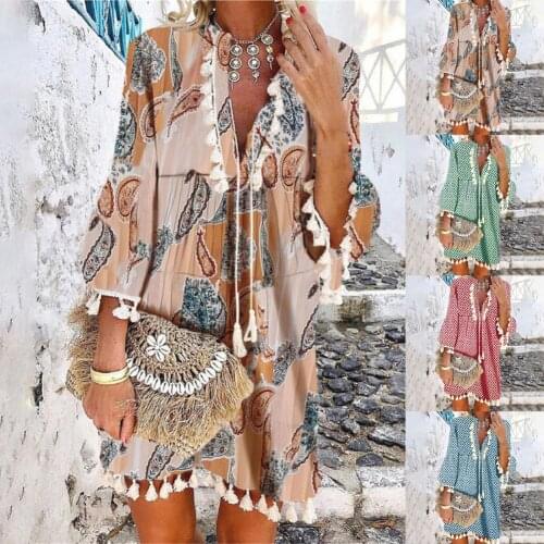 Elegant Women Dresses Beach Dress Geometric Print Tassel Women V Neck 3/4 Sleeve Dress Casual Loose Beach Streetwear Mini Dress