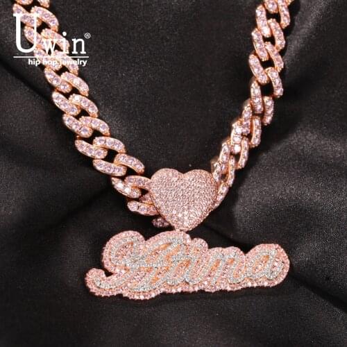 Uwin Csutom Cursive Letter With Heart Clasp 9mm Iced Out Cuban Chain Name Necklace Chain Cubic Zirconia Fashion Hiphop Jewelry