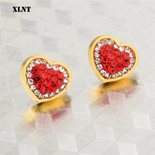 XLNT Gold color Heart Earrings For WomenMicro Paved Red color Crystal Heart Stud Earrings Fine Stainless Steel Jewelry Gift
