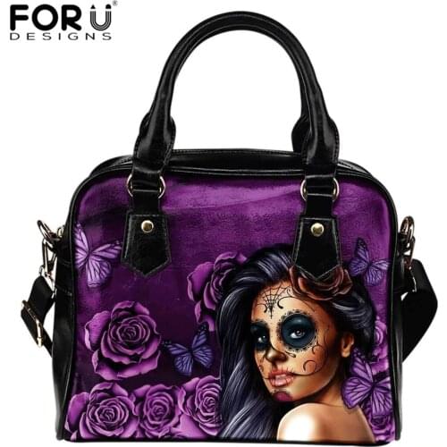 FORUDESIGNS Sugar Skull Day Of The Dead Print PU Top-handle Women Luxury Shoulder Handbag Ladies Gothic Beach Bag Bolsa Feminina
