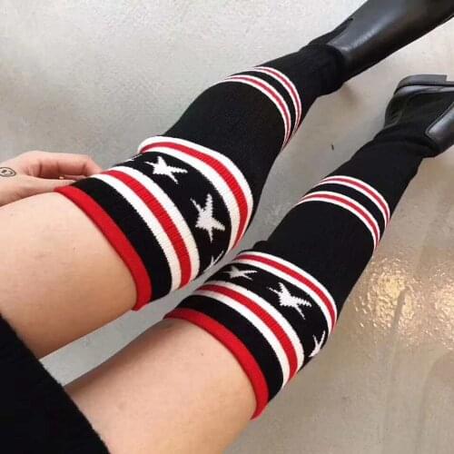 Women Fashion Winter Boots Cuff Socks Autumn Red Striped USA Star Ladies Cotton Long Knee High Socks Sexy Diamonds Stockings