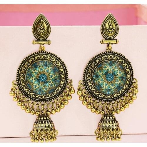 Retro Gold colorful Earrings Indian Jewelry For Women 2021 Geometric Boho Long Bell Tassel Statement Wedding Vintage Earrings