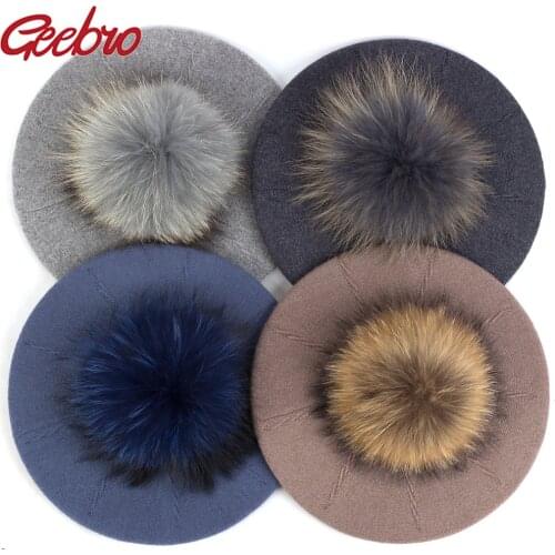 Geebro Female Winter Berets with 15 cm Real Ball Pom Pom Hat For Women Girls Knitted Cap Thick WomenS Slouchy Skullies Beanies