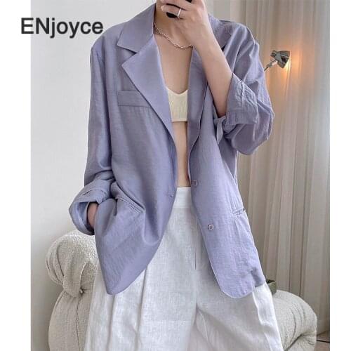 Women Fashion Purple Suit Blazer Korean Style Ladies Casual New Lapel Long Sleeve Loose Suits Sunscreen Thin Jacket Summer 2021