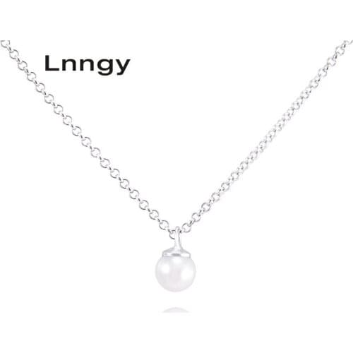 Lnngy Luxury 925 Sterling Silver Necklace Pendants Natural Fresh Water Pearl 7-8mm Round Pearl Women Engagement Pendants Gift