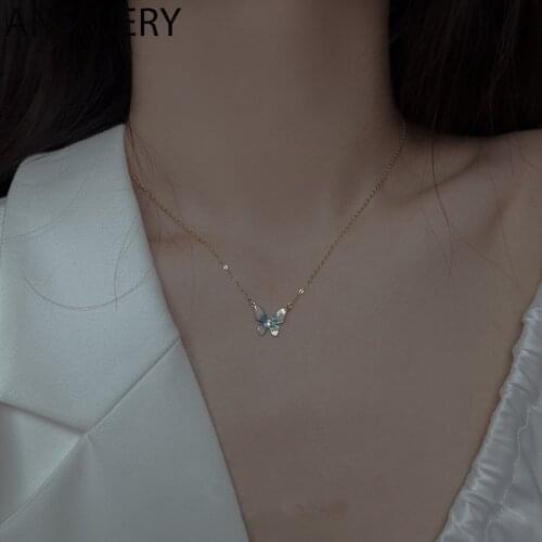 ANENJERY 925 Sterling Silver Blue Butterfly Necklaces for Women Temperament Clavicle Chain Accessories Wholesale