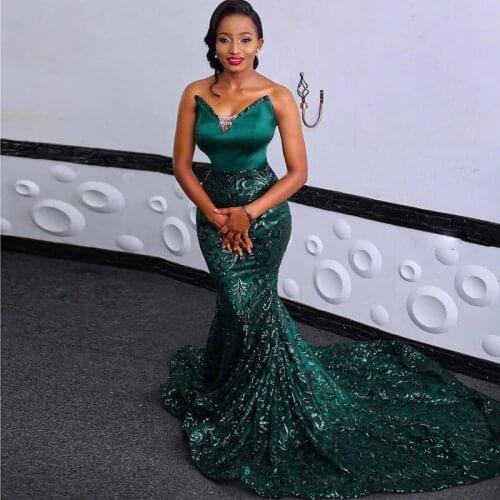 Dark Green Mermaid Evening Dresses V Neck Sequined Lace Arabic Prom Gowns Plus Size Sweep Train Satin Formal Dress