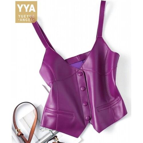 Streetwear Sexy Sleeveless Cropped Tops Women V Neck Single Breasted Slim Fit Waistcoat Sheepskin Genuine Leather Tank Top Vest